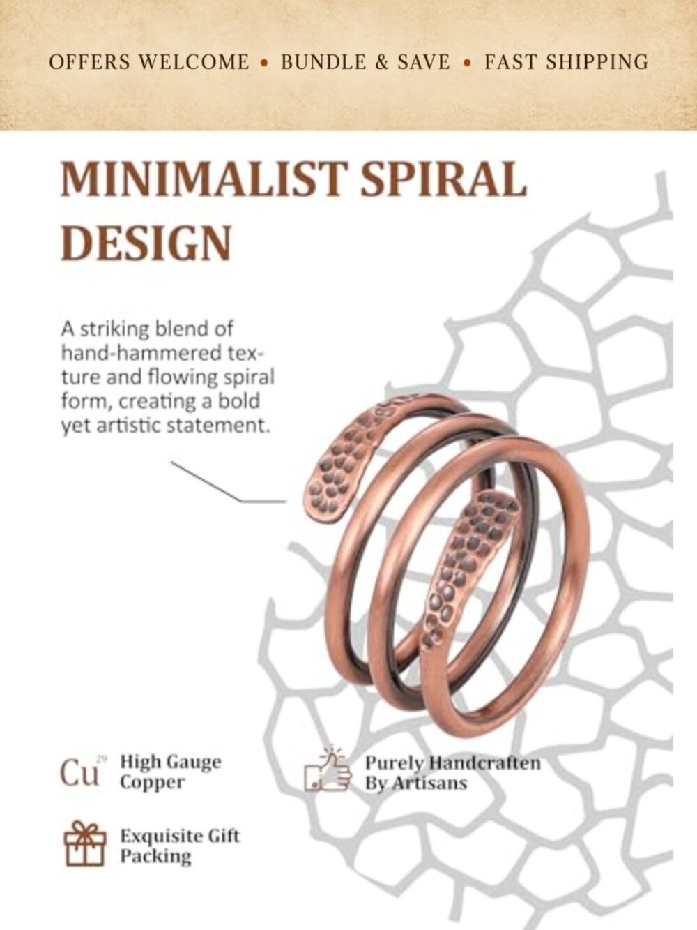 2-Pack Pure Copper Open Spiral Wrap Adjustable Rings Handmade - Picture 3 of 6